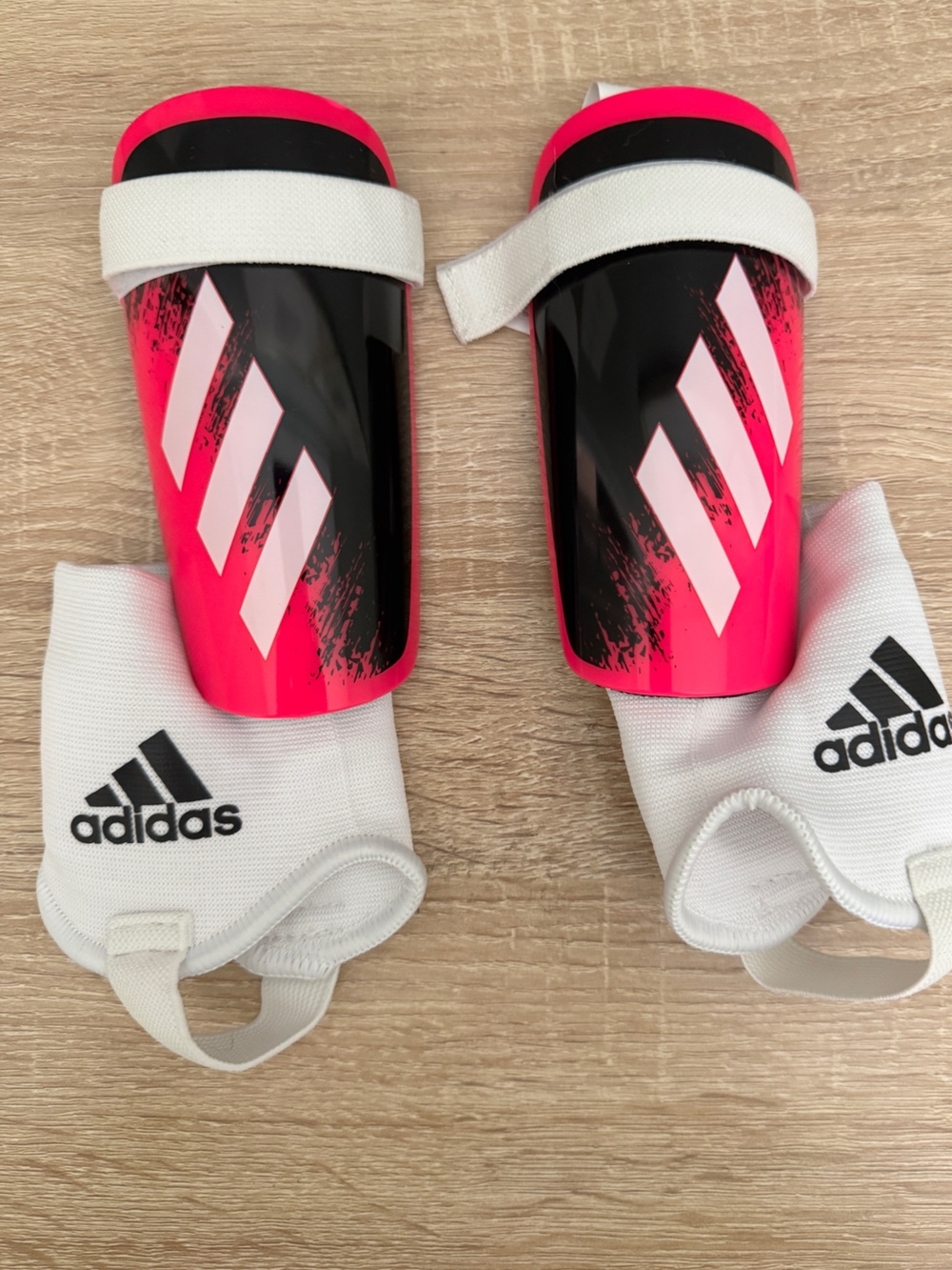 Adidas Black and Pink Junior Soccer Shin Guards with White Sleeves